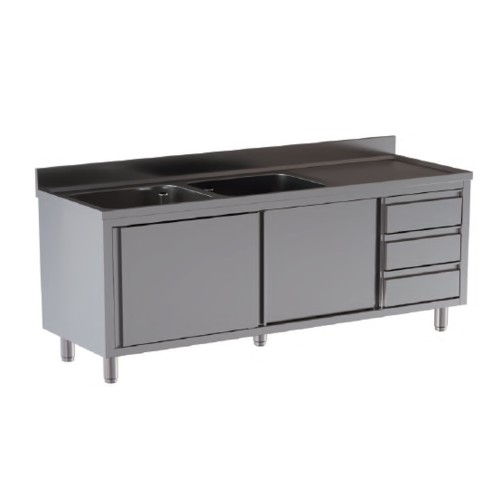 LAVELLO 160X60X85 ACCIAIO INOX 430 ARMADIATO CASSETTI RISTORANTE PIZZERIA RS9733