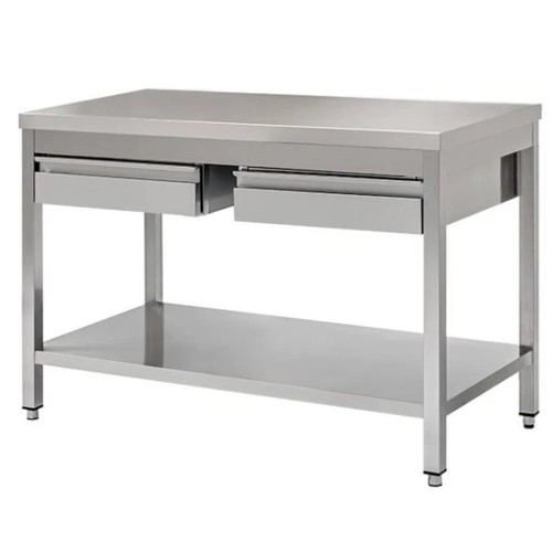 TAVOLO 120X70X85 ACCIAIO INOX 430 SU GAMBE RIPIANO CASSETTI RISTORANTE RS4027