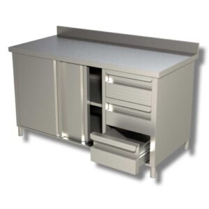 TAVOLO 230X70X85 ACCIAIO INOX 430 ARMADIATO ALZATINA CASSETTI RISTORANTE RS4531