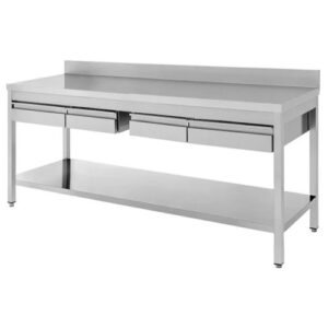 TAVOLO 200X60X85 ACCIAIO INOX 430 SU GAMBE RIPIANO ALZATINA CASSETTI RS4039