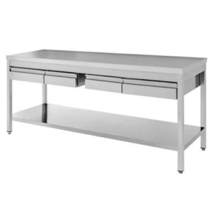 TAVOLO 200X70X85 ACCIAIO INOX 430 SU GAMBE RIPIANO CASSETTI RISTORANTE RS4032