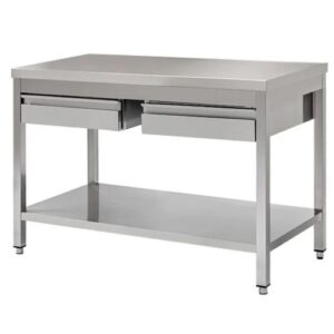 TAVOLO 100X60X85 ACCIAIO INOX 430 SU GAMBE RIPIANO CASSETTI RISTORANTE RS4019