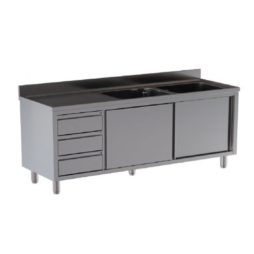 LAVELLO 200X60X85 ACCIAIO INOX 430 ARMADIATO CASSETTI RISTORANTE PIZZERIA RS9731
