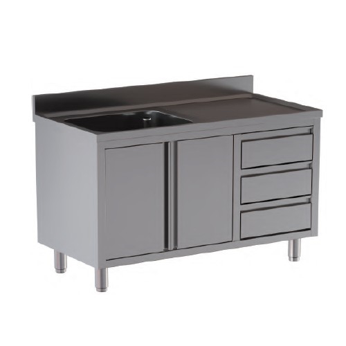 LAVELLO 140X60X85 ACCIAIO INOX 430 ARMADIATO CASSETTI RISTORANTE PIZZERIA RS9715