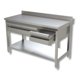 TAVOLO 140X70X85 ACCIAIO INOX 430 SU GAMBE RIPIANO ALZATINA CASSETTI RS4042