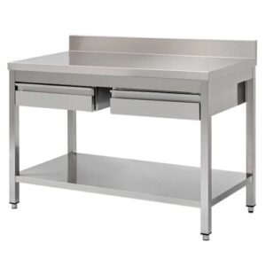 TAVOLO 120X60X85 ACCIAIO INOX 430 SU GAMBE RIPIANO ALZATINA CASSETTI RS4034
