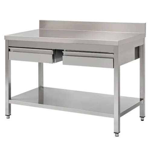 TAVOLO 120X60X85 ACCIAIO INOX 430 SU GAMBE RIPIANO ALZATINA CASSETTI RS4034